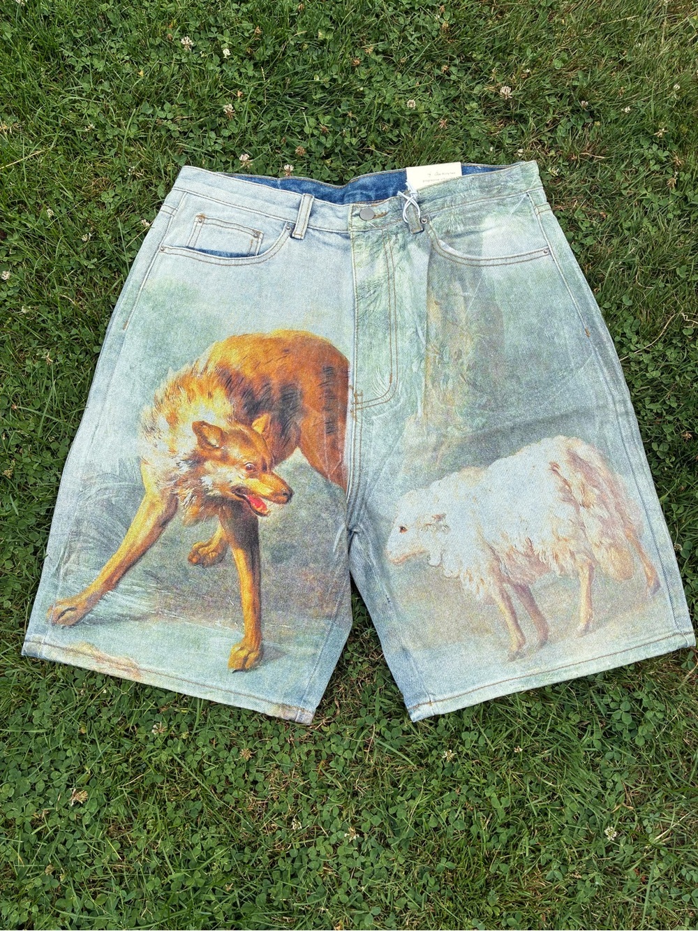 MNML Printed Denim Shorts with Wolf and Sheep Motif - Light Blue